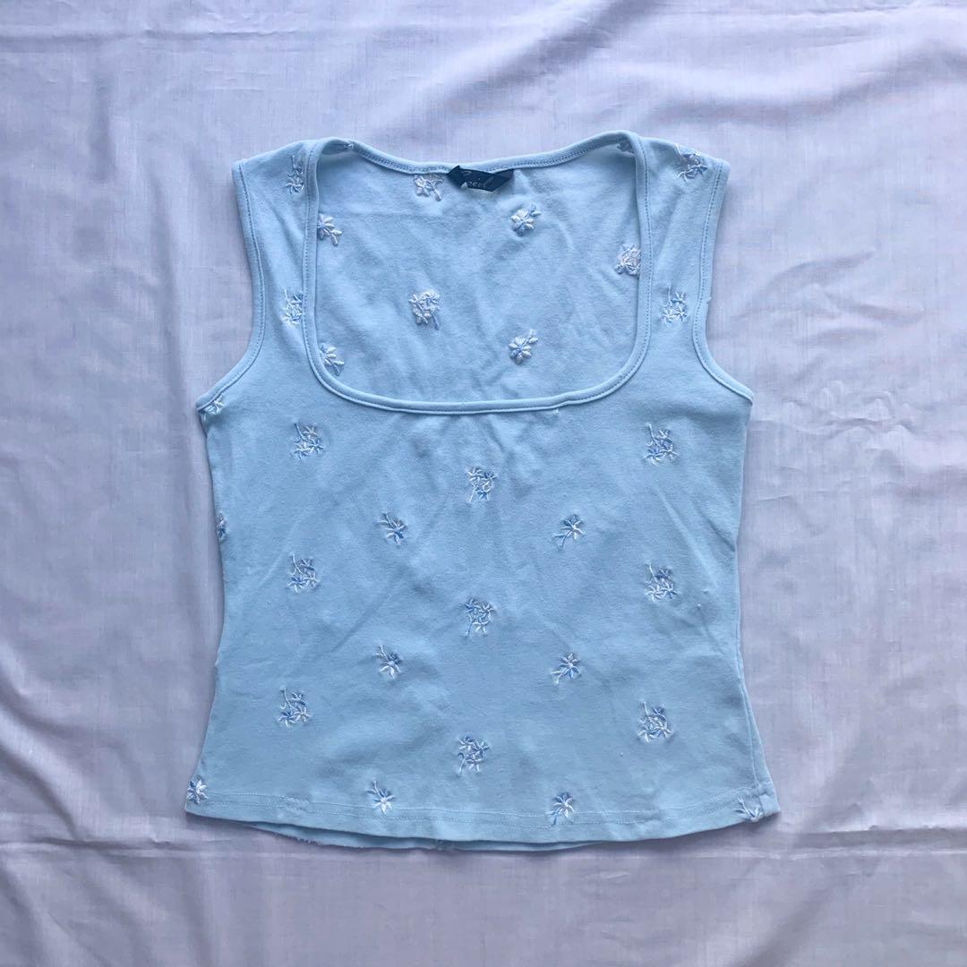 Blue Square Neck Embroidery Floral Top Women S Fashion Clothes Tops On Carousell