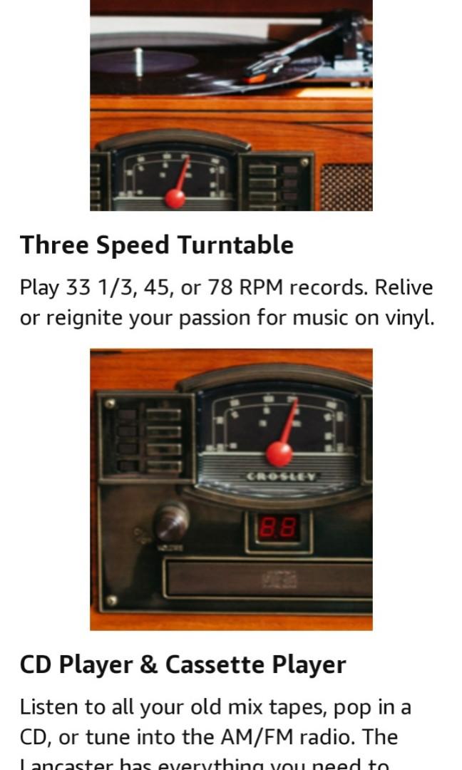 Crosley Lancaster 5 in 1 Turntable Cassette CD Am Fm Radio Bluetooth