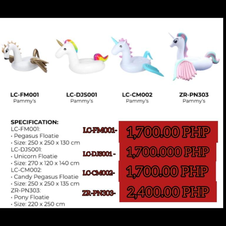Inflatable Pegasus Floatie (Category: Bathtub & Bath Accessories) located in Manila. Submitted by sportshubb (Listing ID 1031293813, Image 1). Description: Inflatable Pegasus Floatie - 1,700 Inflatable Unicorn Floatie - 1,700 Inflatable Candy Pegasus Floatie - 1,700 Inflatable Pony Floatie - 2,400 FB Page: Facebook.com/sportshubb 09553905436 - Globe 09558494266 - Globe 09507383831‬ - Smart or Sun (02)7-527-1708 - Landline We can do door to door c