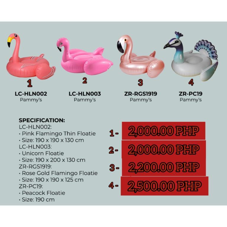 Inflatable Pink Flamingo Thin Floatie (Category: Bathtub & Bath Accessories) located in Manila. Submitted by sportshubb (Listing ID 1031294920, Image 1). Description: Inflatable Pink Flamingo Thin Floatie - 2,000 Inflatable Unicorn Floatie - 2,000 Inflatable Rose Gold Flamingo Floatie - 2,200 Inflatable Peacock Floatie - 2,500 FB Page: Facebook.com/sportshubb 09553905436 - Globe 09558494266 - Globe 09507383831‬ - Smart or Sun (02)7-527-1708 - Lan