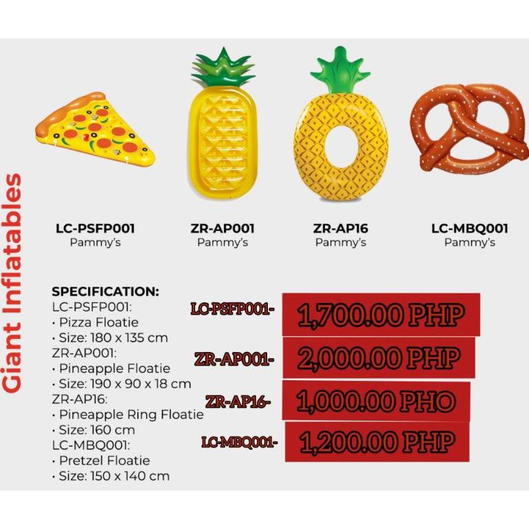 Inflatable Pizza Floatie (Category: Bathtub & Bath Accessories) located in Manila. Submitted by sportshubb (Listing ID 1031295223, Image 1). Description: Inflatable Pizza Floatie - 1,700 Inflatable Pineapple Floatie - 2,000 Inflatable Pineapple Ring Floatie - 1,000 Inflatable Pretzel Floatie - 1,200 FB Page: Facebook.com/sportshubb 09553905436 - Globe 09558494266 - Globe 09507383831‬ - Smart or Sun (02)7-527-1708 - Landline We can do door to door