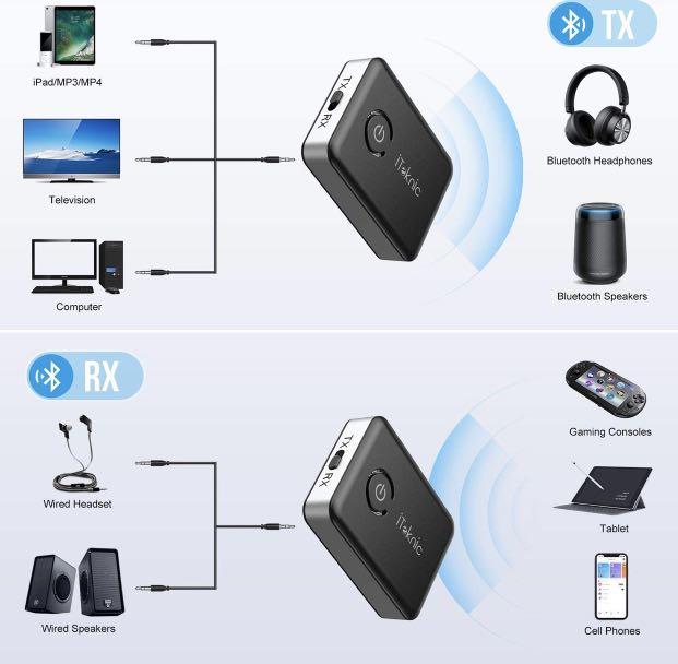 iTeknic Bluetooth 5.0 Receiver Transmitter 2 in 1 3.5mm Audio Transmitter aptX Low Latency Pair 2 at Once for TV Home Sound System Everything Else on Carousell