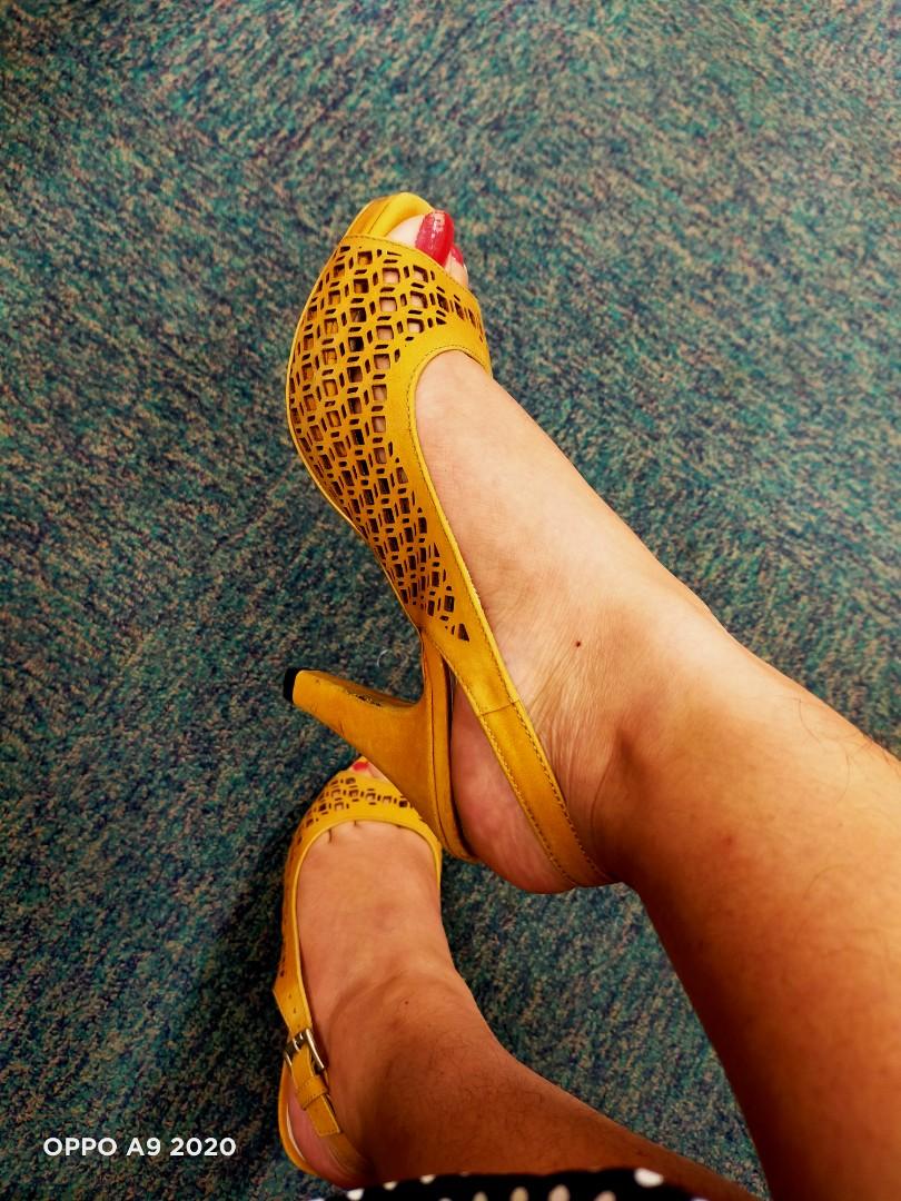 mustard peep toe heels