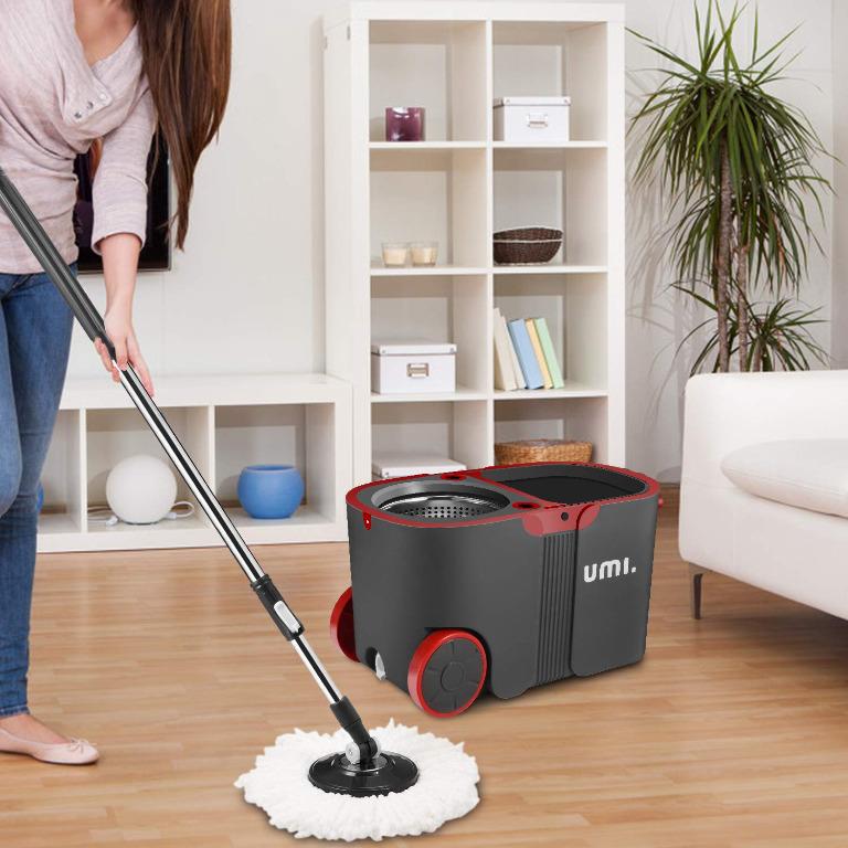 Umi.Essentials Stainless Steel Self-Wringing Microfibre Spin Mop and Bucket Floor Cleaning System 