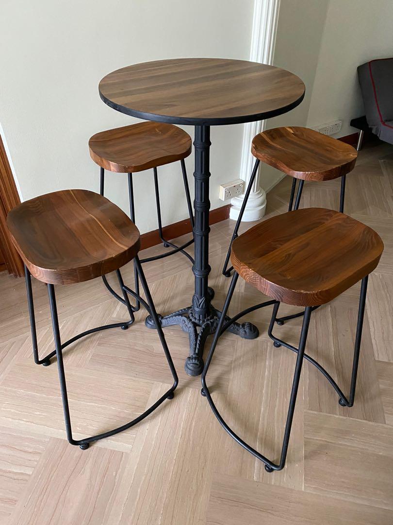 Wood Tall Round Bar Table With Cast Iron Table Base Chairs