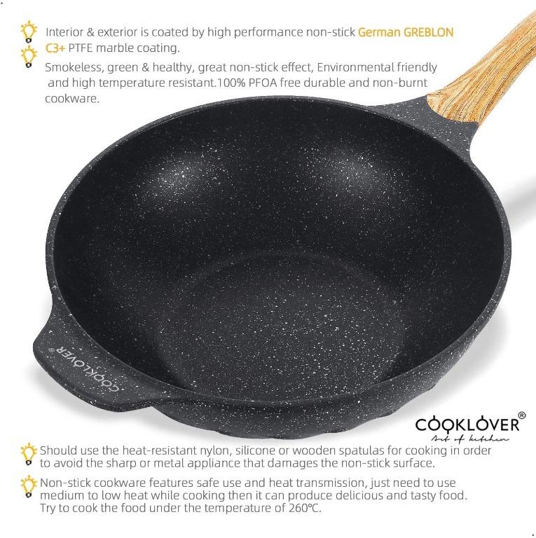 COOKLOVER Nonstick Woks And Stir Fry Pans Die-cast Aluminum Scratch  Resistant 100% PFOA Free Induction Wok pan with Lid 12.6 Inch - Black