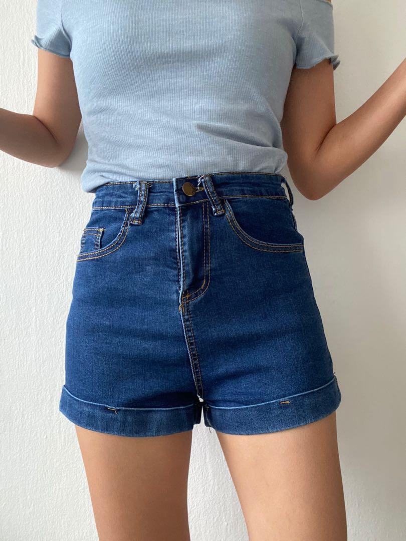 dark denim high waisted shorts