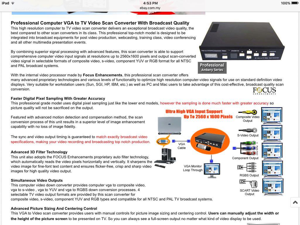 PC VGA TO TV VIDEO SCAN CONVERTER, Electronics, Computer Parts ...