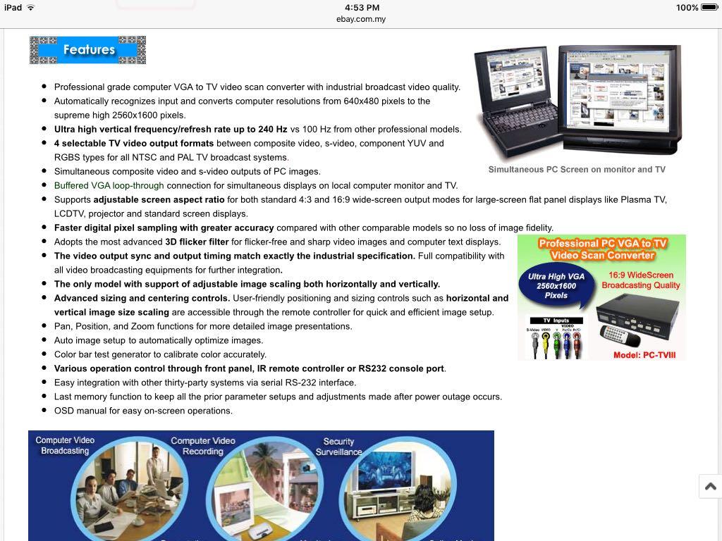 PC VGA TO TV VIDEO SCAN CONVERTER, Electronics, Computer Parts ...