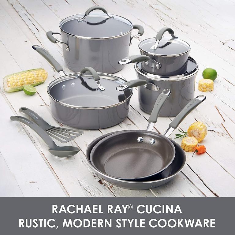 Rachael Ray Cucina Porcelain Enamel Nonstick Cookware Set, 10-Piece, Sea  Salt Gray