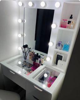 Vanity mirror with table and shelves high quality