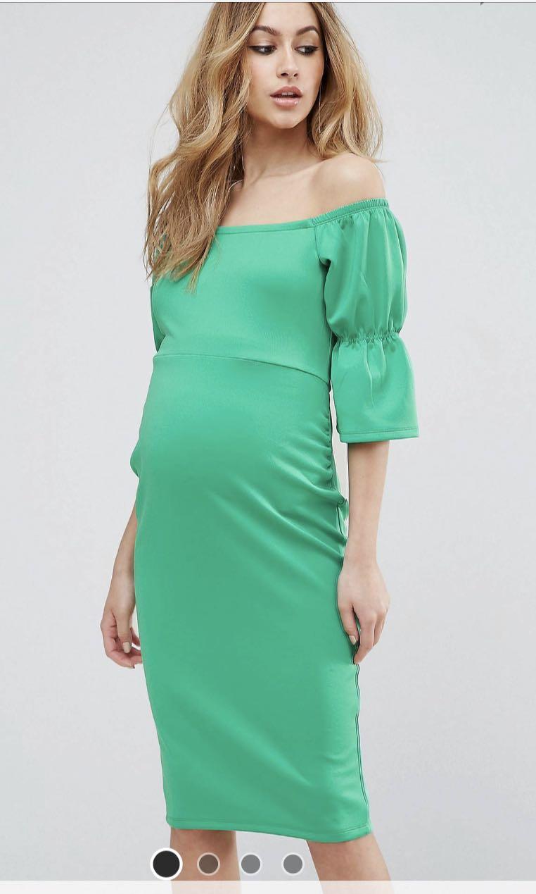 asos green off the shoulder dress
