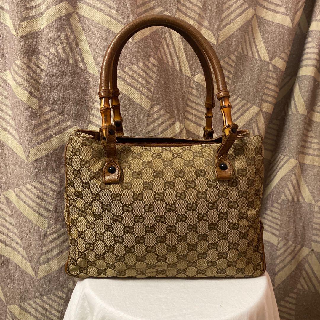 Authentic GUCCI Bamboo Shoulder Tote Bag Purse Brown GG Canvas Leather  112526