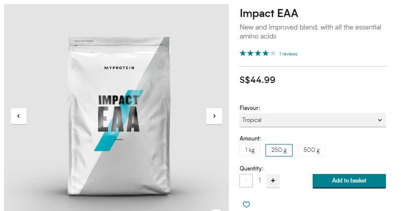 Impact EAA (Category: Sports & Fitness Nutrition) located in Singapore. Submitted by alexog (Listing ID 1031653707, Image 3). Description: 250g: $23 (UP $44.99) 500g: $41 (UP $83.99) 1kg: $73 (UP $151.99) Comes in Cola, Grape, Melon, Peach Mango, Pink Grapefruit, Rum, Ramune, Raspberry Lemonade, Tropical, Unflavoured, Yuzi.