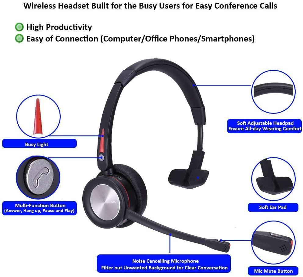 MKJ Wireless Headset with Microphone Hands Free Office Phone Headset