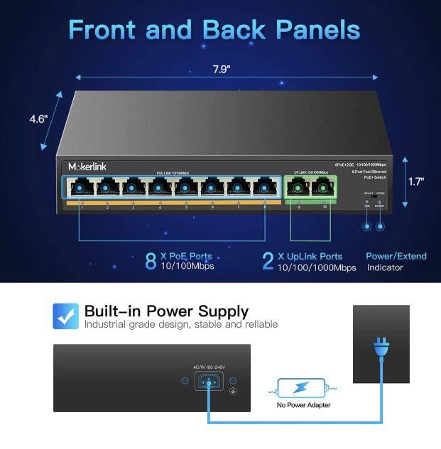 MokerLink 8 Port PoE Switch with 2 Gigabit Uplink, 802.3af/at PoE+ 100Mbps,  120W Built-in Power, Extend to 250Meter, Metal Plug & Play, Computers &  Tech, Parts & Accessories, Cables & Adaptors on