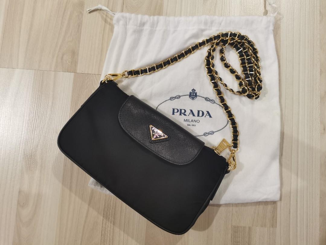 Prada Tessuto Nylon Saffiano Trim Chain Black Cross Body Bag