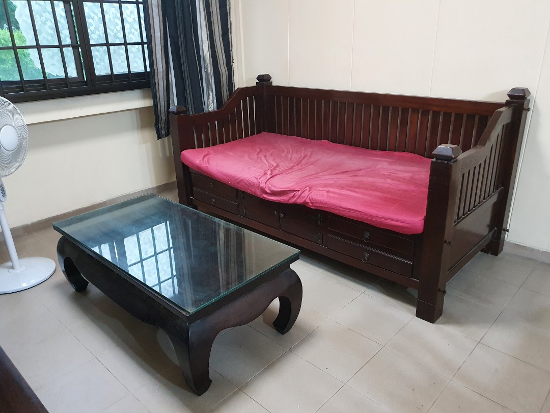 Preowned! wooden daybed, coffee table and TV console, Furniture & Home