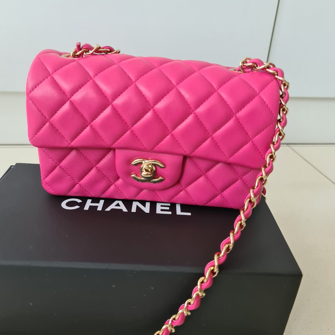 CHANEL Lambskin Quilted Mini Rectangular Flap Neon Pink 797857