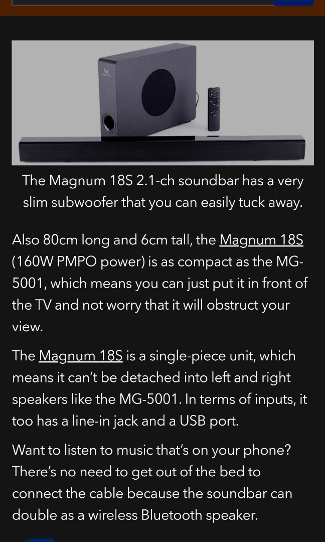 MAGNUM 160W BLUETOOTH SOUNDBAR SLIM SUBWOOFER Audio Soundbars