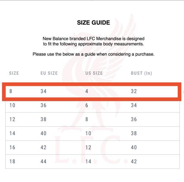 New balance liverpool jersey size chart 2025