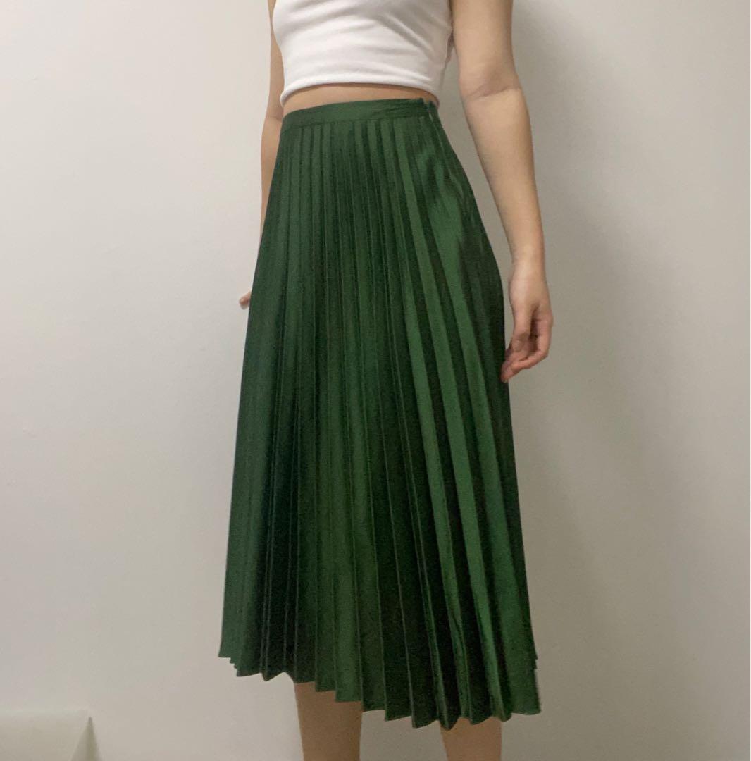 green pleated midi skirt, Women's 