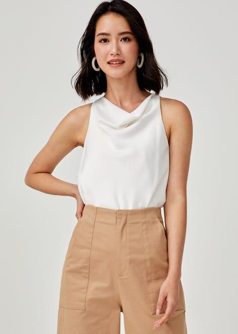 white satin cowl neck top