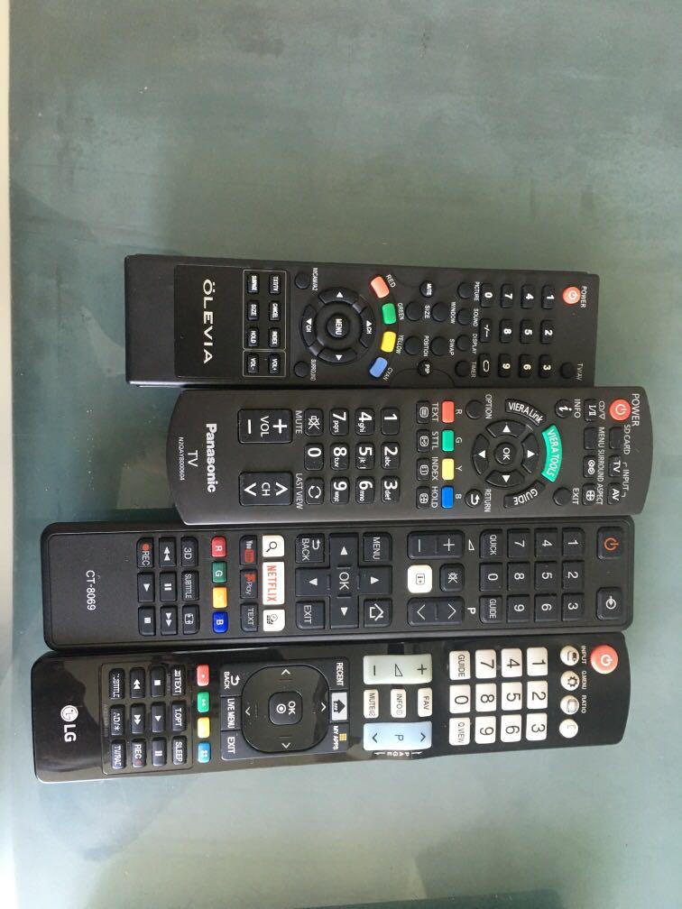 Remote controls (Category: TV Parts & Accessories) located in Singapore. Submitted by maxim2006 (Listing ID 1031908767, Image 2). Description: 5-10$ each. Pic 2: Olevia / Panasonic N2QAYB000604/Toshiba CT-8969/LG Smart TV Pic 3: Sony unified commander/JVC rm-c1030/universal urc2002p Pic 4: DVD Panasonic projector / Toshiba vt-753ew / pioneer Pic 5: Aircon/fan York R91 /Toyomi FS-9552R/Toshiba TV Pic 6: Sharp TV. 10$ Pic 7: LG, Sony TV, 15$ Pic 8: