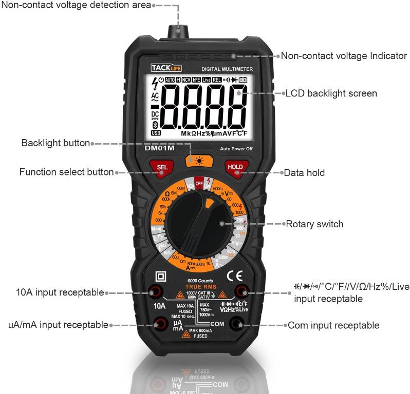 Multimètre Numérique Tacklife DM01M 6000 Points - Mesures AC/DC, Température, Capacitance - Rétroéclairage
