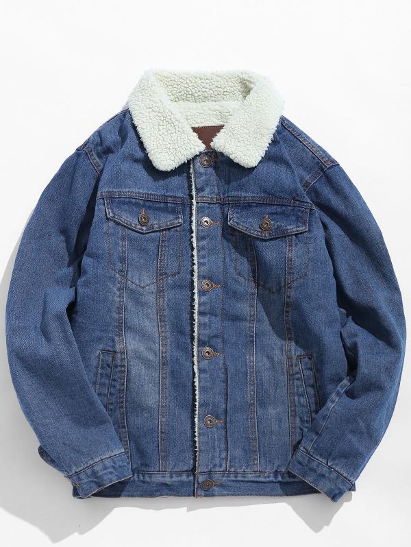 blue denim jacket with white fur