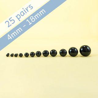 25 pairs black safety eyes - sizes 4mm to 18mm