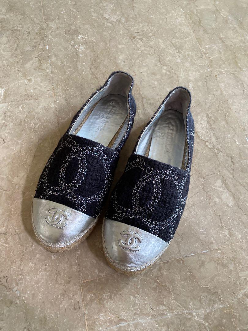 Authentic Chanel Two Toned CC Espadrilles Black Silver