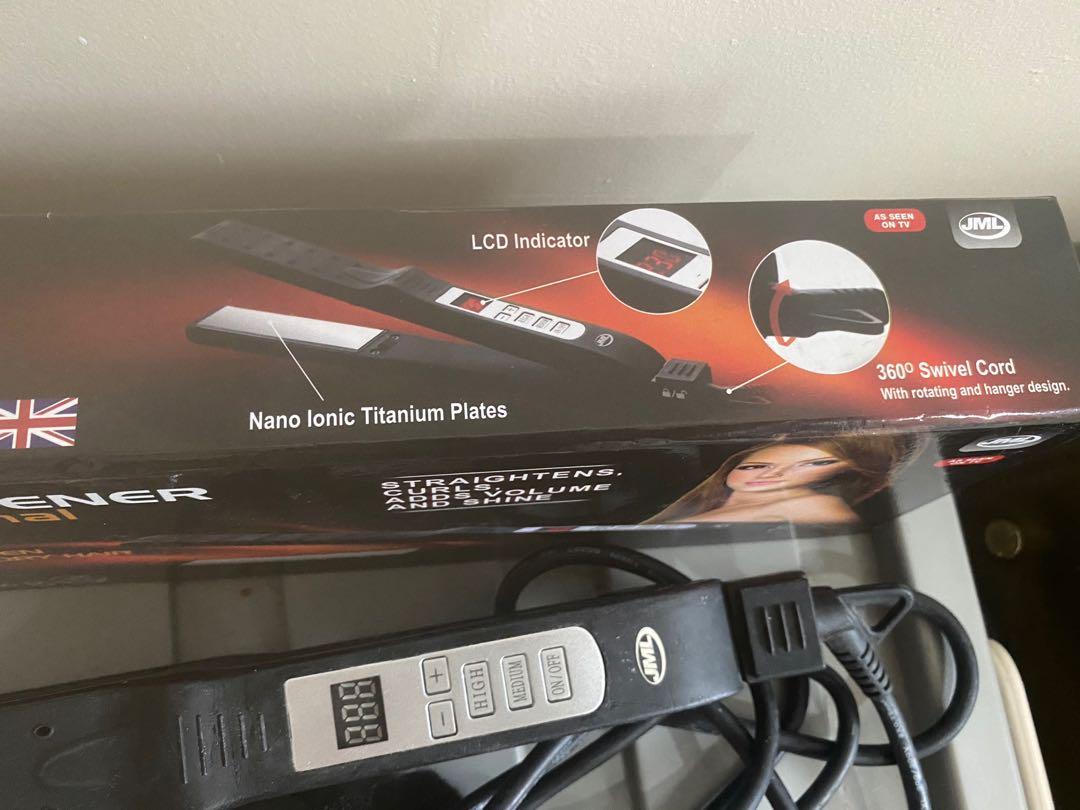 Authentic JML Hair Iron (Category: Face Care) located in Rizal. Submitted by elan_byk (Listing ID 1032148639, Image 2). Description: Authentic JML Hair Iron Nano Ionic Titanium Plates Up to 230 heat CAN BE USED FOR WET AND DRY HAIR Purchased at SM Megamall Retails at P 3K plus. Selling it only for fixed P 2000 only RFS: Used a few times only. Kept on the storage nalang. Lazy to iron my hair everyday, kaya rebond ako every 6 mos. Needs cleaning Co