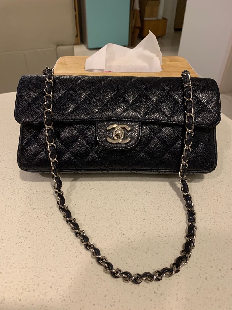 Authentic Chanel East West Flap Shoulder Bag in Black Caviar Leather with  Silver Hardware SHW, Luxury, Bags & Wallets on Carousell