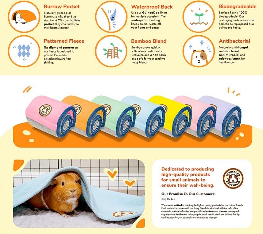GuineaDad Fleece Liner 2.0 Guinea Pig Fleece Cage Liners Bedding Burrowing Pocket Sleeve Extra Absorbent Antibacterial Bamboo Waterproof