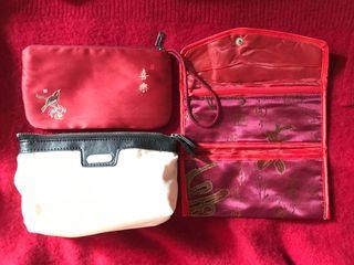 Salvatore Ferragamo XS Cream Pouch + Pink Chinese Purse + Red Mini Wristlet  Micro Clutch Bag