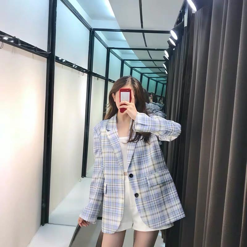 Korean blue Checkered blazer oversize outerwear