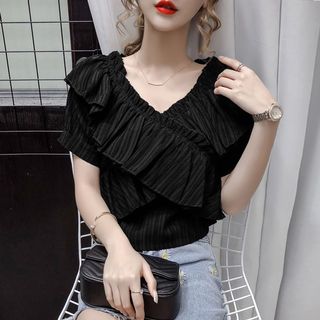 (Purchase) ❤️💥 2020 Summer New Arrival Stylish Super Beautiful Ruffled V-neck Off Shoulder Top Chiffon Blouse Short Sleeve Upper Wear #MakingTheBest63016072763137110