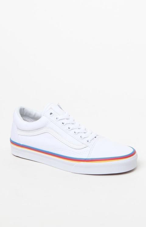 White vans best sale with rainbow bottoms