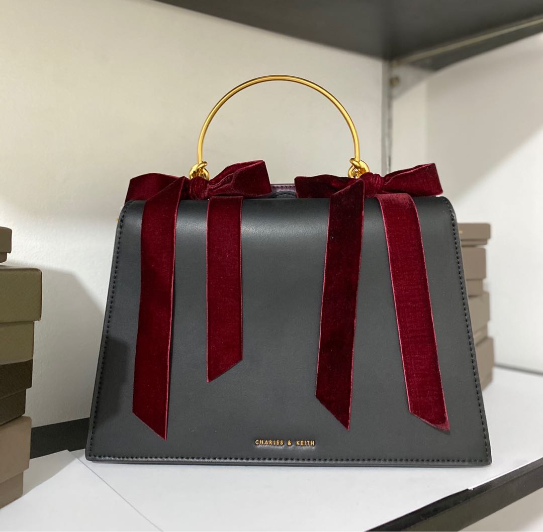 Charles Keith Velvet Bow Detail Top Handle Bag