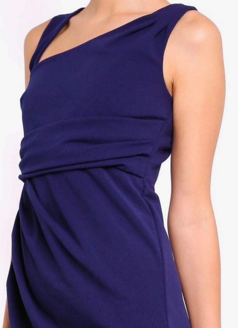 Zalora Goddiva navy scrunched pleated work dress