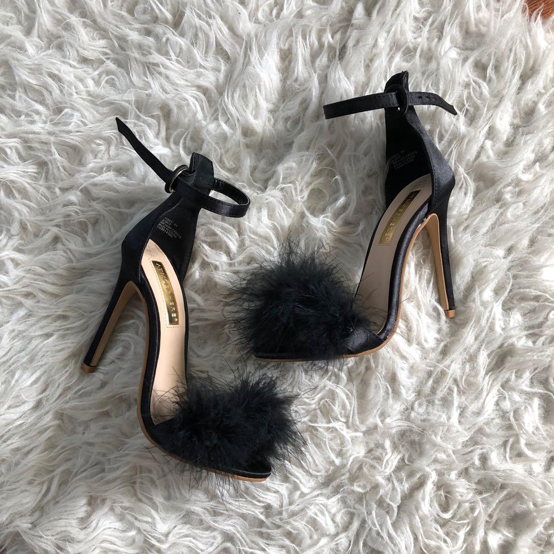 BLACK FAUX FUR HEELS Women s Fashion Footwear Heels on Carousell