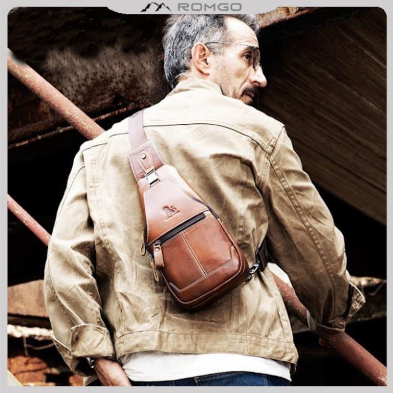 ROMGO Genuine Leather Chest Bag Sling Bag For Men Day Pack Travel Fashion Cross Body Messenger Shoulder Bag