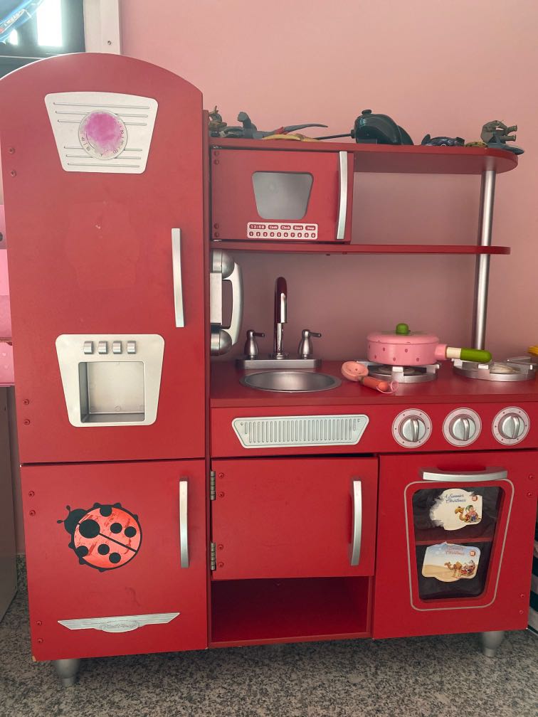 solid wood toy kitchen in red, Hobbies & Toys, Toys & Games on Carousell