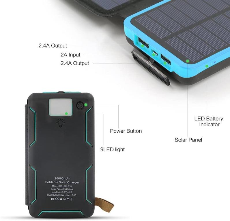LED Flashlight Waterproof Portable External Battery Backup for iPhone ipad Tablet and More-Blue Solar Charger Dual USB X-DRAGON 20000mAh Power Bank with 4 Solar Panels Cell Phones 
