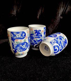 3pcs Japanese Floral Blue Cups