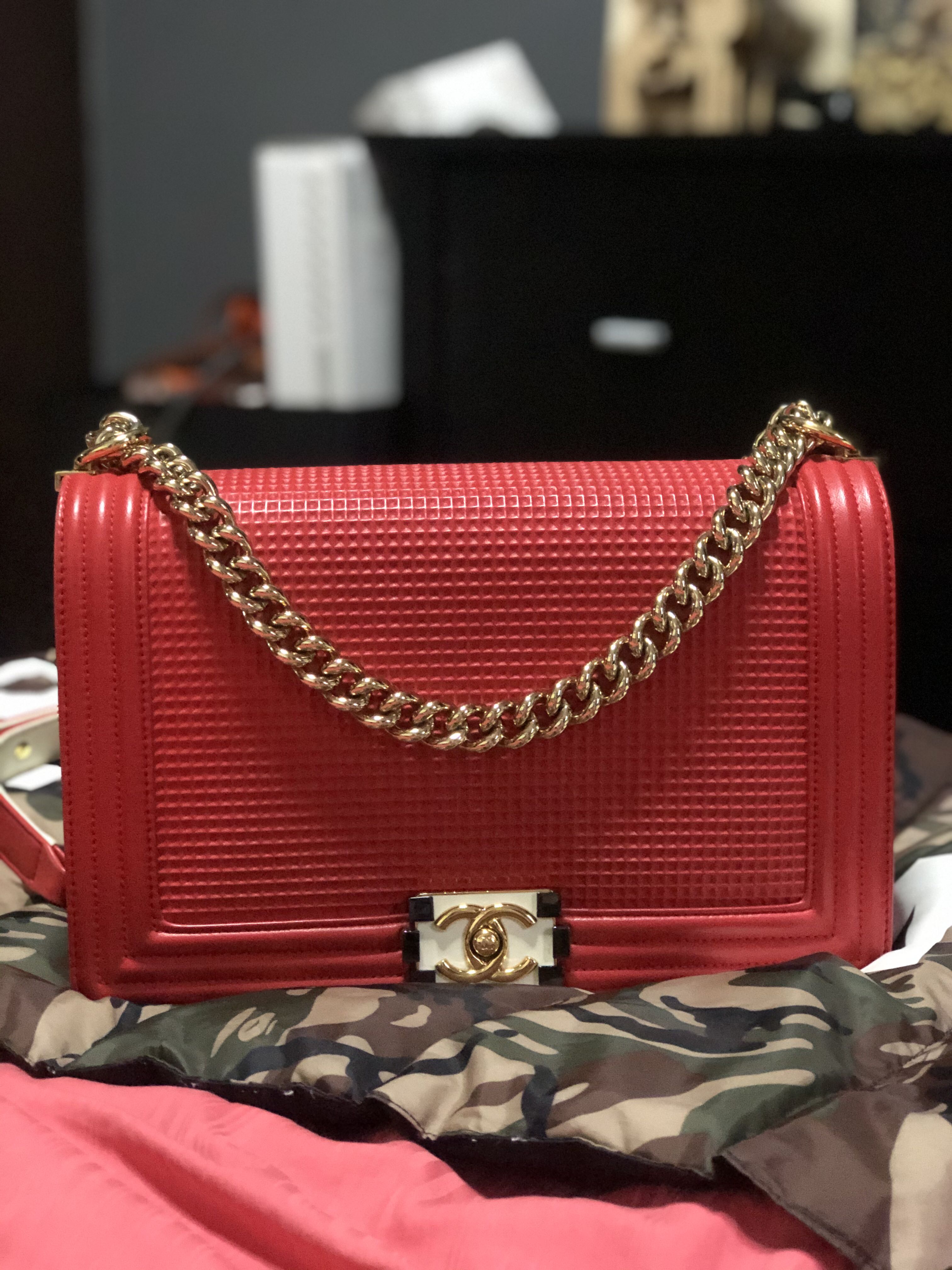 Limited edition Red Chanel boy (tri-colour clasp) with receipt to prove the  authenticity, Women's Fashion, Bags & Wallets, Cross-body Bags on Carousell