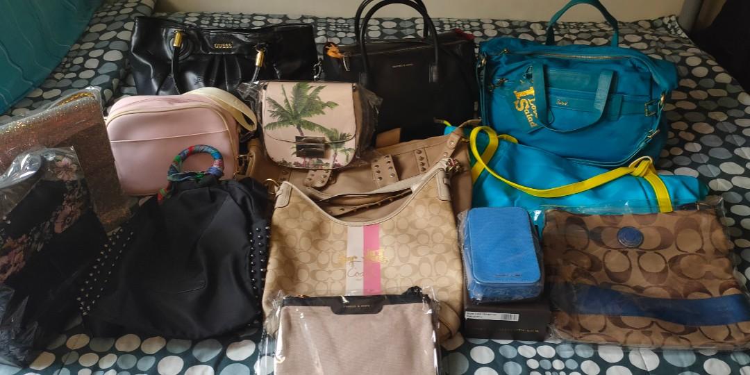 Pre-loved Ladies bag 10pcs set (Category: Beach Bags) located in Quezon City. Submitted by js1983 (Listing ID 1026085536, Image 3). Description: Pre-loved 1.Charlie and Keith-3pcs/2 sling bag-NEW 2.guess with sling bag-1pcs 3.Salad with sling bag-1pcs 4.Zara sling bag-1pcs-❌sold❌ 5.Coach-2pcs/1pcs sling bag & tote bag 6.parisian with slingbag-1pcs 7.backpack black⚫-no name-1pcs 8.Lacoste pink sling bag-1pcs-❌SOLD❌ 9.Big tote bag-no name-1pcs 10.t