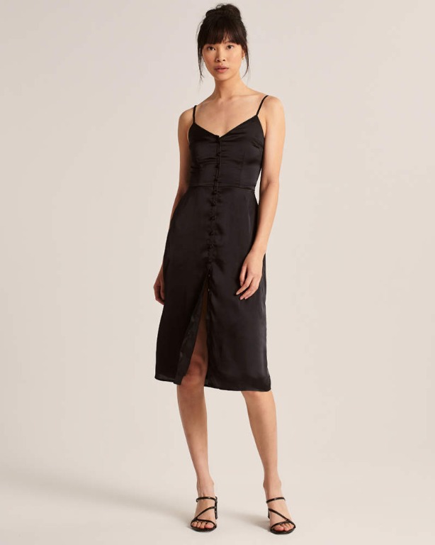 Abercrombie Fitch Button Thru Satin Midi Dress In Black Women S