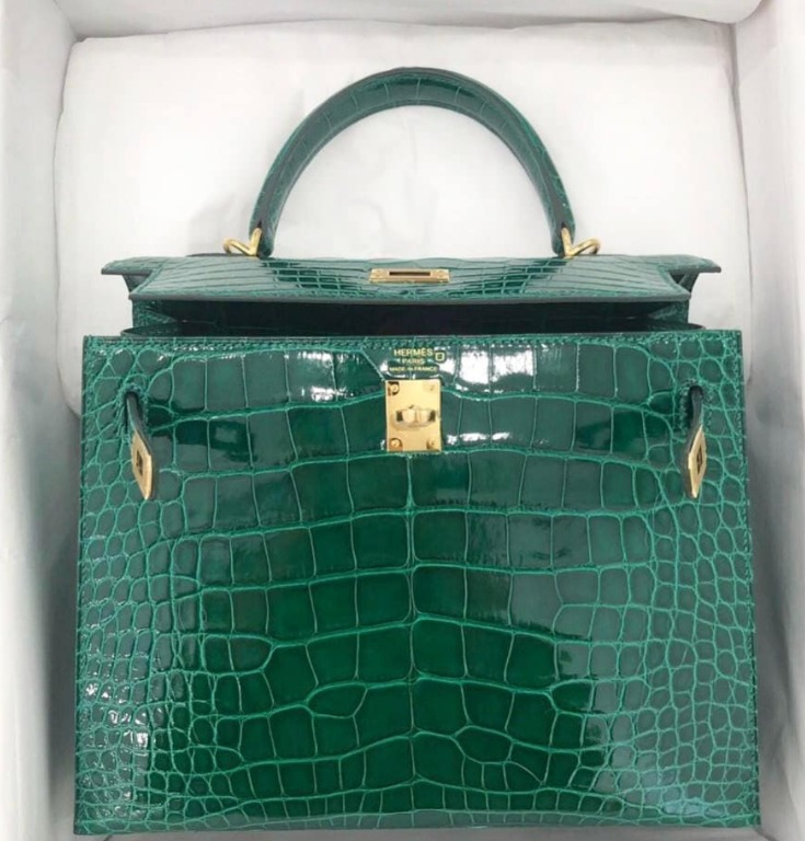 Brand New Croc Kelly 25 Emerald in Shiny Alligator. GHW Stamp Y